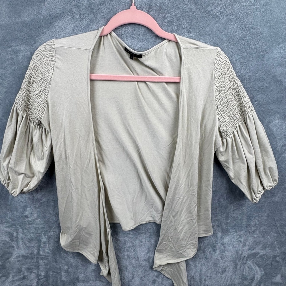 Theory Womens Beige Cotton Smocked Shoulder Tie Front Wrap Top Size Large - Picture 6 of 12